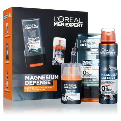 L&#039;Oréal Paris Men Expert Magnesium Defence Darčeková kazeta denný pleťový krém Men Expert Magnesium Defence 24h Moisturizer 50 ml + dezodorant Men Expert Magnesium Defence 150 ml + sprchovací gél Men Expert Magnesium Defence Shower Gel 300 ml