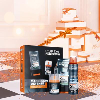 L&#039;Oréal Paris Men Expert Magnesium Defence Darčeková kazeta denný pleťový krém Men Expert Magnesium Defence 24h Moisturizer 50 ml + dezodorant Men Expert Magnesium Defence 150 ml + sprchovací gél Men Expert Magnesium Defence Shower Gel 300 ml