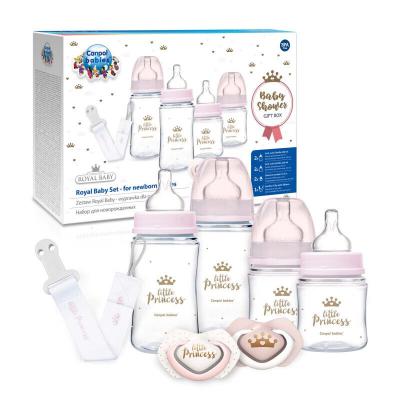 Canpol babies Royal Baby Set Little Princess Darčeková kazeta dojčenská fľaša EasyStart Anti-Colic 2 x 240 ml + dojčenská fľaša EasyStart Anti-Colic 2 x 120 ml + cumlík Light Touch Royal Baby Soother 2 x 0-6m + stužka na cumlík Royal Baby Soother Clip With Ribbon 1 ks