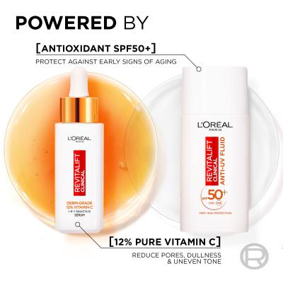 L&#039;Oréal Paris Revitalift Clinical Pure 12% Vitamin C Darčeková kazeta sérum Revitalift Clinical Vitamin C Serum 30 ml + denný pleťový krém Revitalift Clinical Vitamin C Anti-UV Fluid SPF50 50 ml