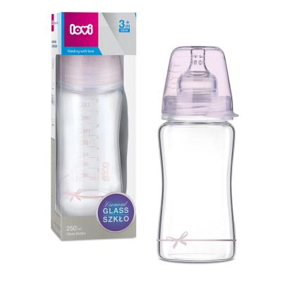 LOVI Baby Shower Glass Bottle Pink 3m+ Dojčenská fľaša pre deti 250 ml