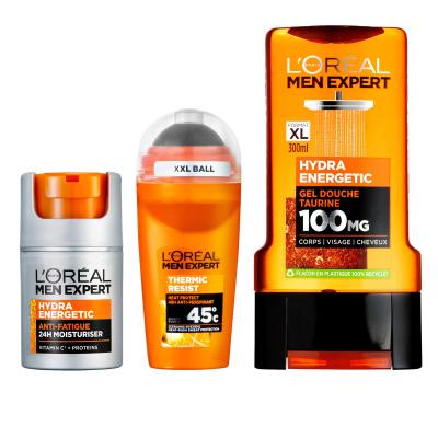 L&#039;Oréal Paris Men Expert Hydra Energetic Darčeková kazeta hydratačný krém Men Expert Hydra Energetic Daily Moisturizer 50 ml + sprchovací gél Men Expert Hydra Energetic 300 ml + antiperspirant Men Expert Thermic Resist Antiperspirant 45° 50 ml