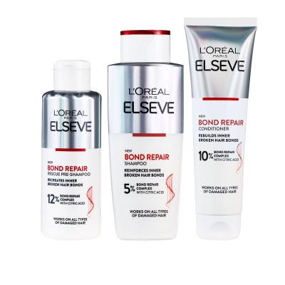 L&#039;Oréal Paris Elseve Bond Repair Darčeková kazeta šampón Elseve Bond Repair Shampoo 200 ml + pred-šampónová starostlivosť Elseve Bond Repair Pre-Shampoo 200 ml + kondicionér Elseve Bond Repair Balm 150 ml