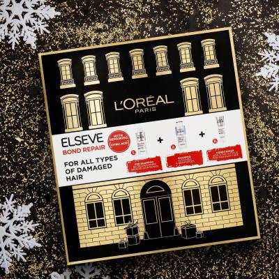 L&#039;Oréal Paris Elseve Bond Repair Darčeková kazeta šampón Elseve Bond Repair Shampoo 200 ml + pred-šampónová starostlivosť Elseve Bond Repair Pre-Shampoo 200 ml + kondicionér Elseve Bond Repair Balm 150 ml