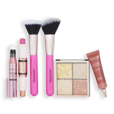 Makeup Revolution London Blush &amp; Glow Gift Set Darčeková kazeta rozjasňujúca paletka Highlighter Quad 9,6 g Make It Count + rozjasňovač Bright Light Highlighter 3 ml Divine Dark Pink + kozmetický štetec 2 ks + lícenka Superdewy Liquid Blush 15 ml Flushing For You + lícenka a rozjasňovač Fast Base Bl