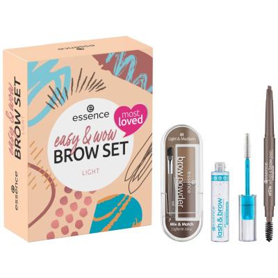 Essence Easy &amp; Wow Brow Set Darčeková kazeta ceruzka na obočie What A Brow Pen Waterproof 0,2 g 01 Light Brown + gélová špirála na obočie Lash &amp; Brow Gél Mascara 9 ml + púder na obočie Brow Powder 2,3 g 01 Light &amp; Medium