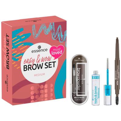 Essence Easy &amp; Wow Brow Set Darčeková kazeta ceruzka na obočie What A Brow Pen Waterproof 0,2 g 03 Dark Brown + gélová špirála na obočie Lash &amp; Brow Gél Mascara 9 ml + púder na obočie Brow Powder 2,3 g 02 Dark &amp; Deep