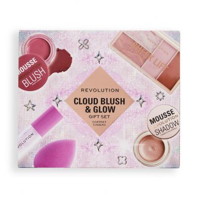 Makeup Revolution London Cloud Blush &amp; Glow Gift Set Darčeková kazeta očné tiene Mousse Shadow 4 g Rose Gold + lícenka Mousse Blush 6 g Blossom Rose Pink + olej na pery Lip Oil 1,4 ml Pink + kontúrovacia paletka Cheek Lift Palette 12 g + hubka na make-up + kozmetický štetec