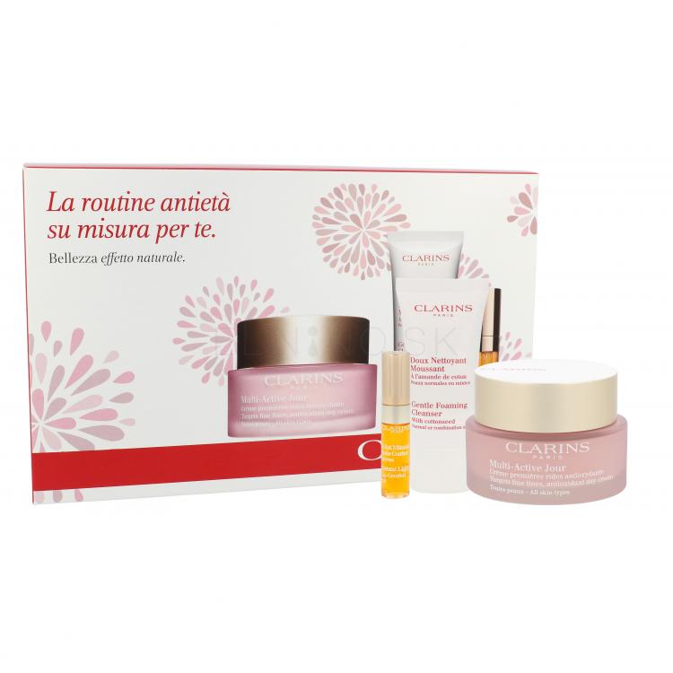 Clarins Multi-Active Darčeková kazeta denná pleťová starostlivosť 50 ml + čistiaca pena Gentle Foaming Cleanser 30 ml + starostlivosť o pery Instant Light Lip Comfort Oil 7 ml poškodená krabička