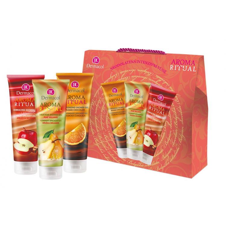 Dermacol Aroma Ritual Darčeková kazeta sprchovací gél Belgian Chocolate 250 ml + sprchovací gél Apple &amp; Cinnamon 250 ml + sprchovací gél Pear Williams 250 ml poškodená krabička