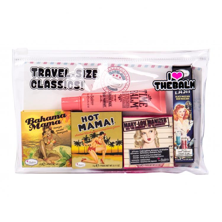 TheBalm Mary-Lou Manizer Travel Kit Darčeková kazeta rozjasňovač 2,7 g + bronzer Bahama Mama 3 g + lícenka Hot Mama! 3 g + riasenka Mad Lash 4,5 ml Black + podkladová báza 12 ml + kozmetická taštička