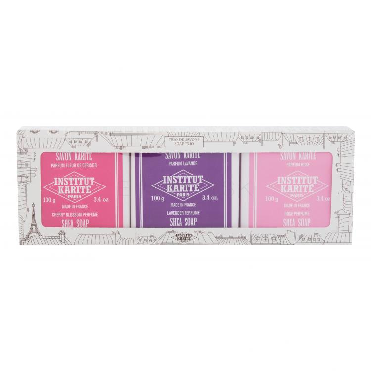 Institut Karité Shea Soap Trio Darčeková kazeta tuhé mydlo Shea Soap Cherry Blossom 100 g + tuhé mydlo Shea Soap Lavender 100 g + tuhé mydlo Shea Soap Rose Mademoiselle 100 g