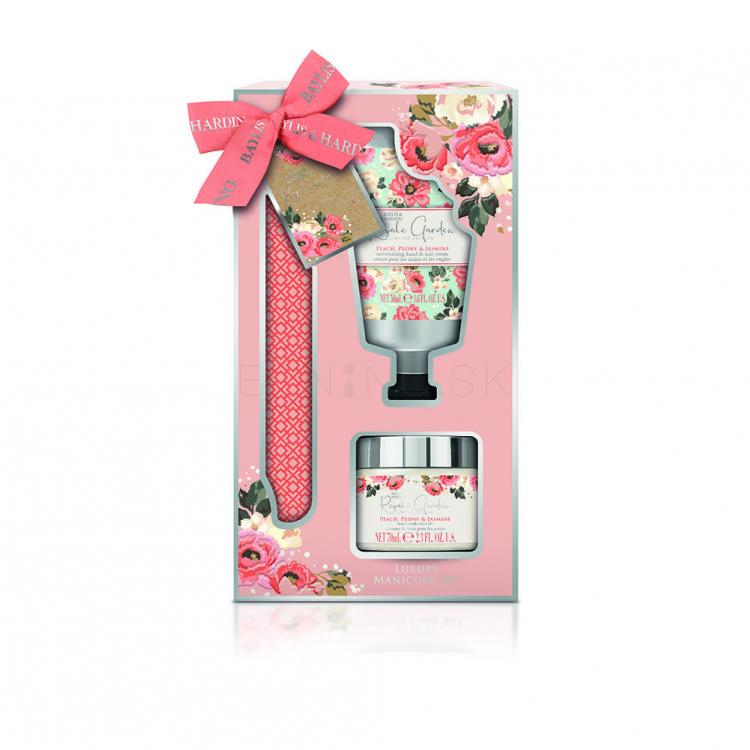 Baylis &amp; Harding Royale Garden Luxury Manicure Set Darčeková kazeta krém na ruky Royal Garden Peach Peony &amp; Jasmine 50 ml + soľ do vodného kúpeľa Royal Garden Peach Peony &amp; Jasmine 70 g + pilník na nechty