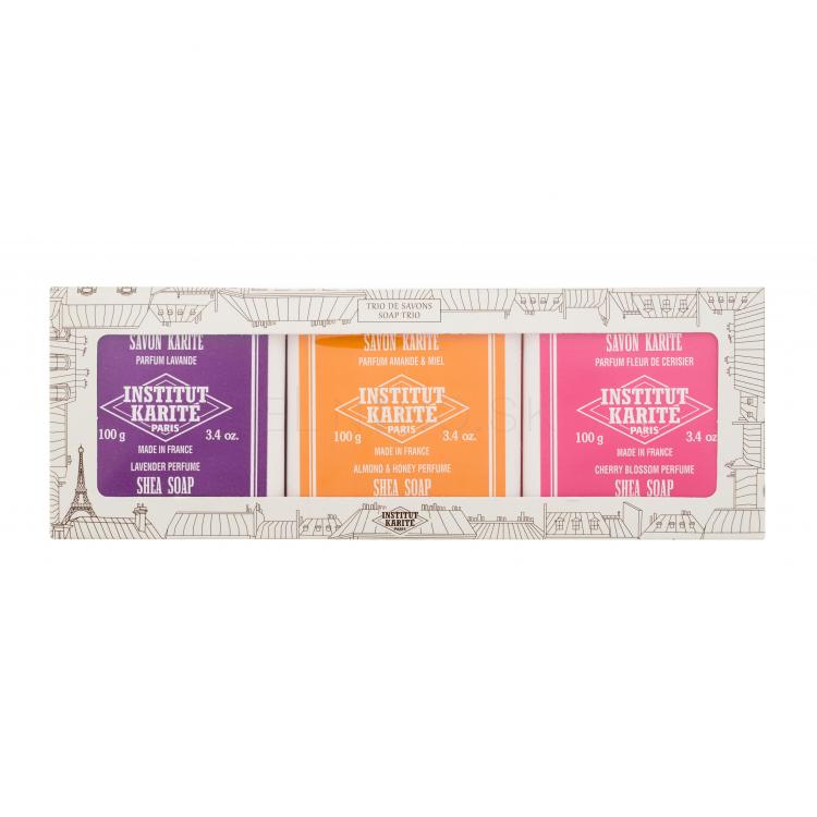 Institut Karité Shea Soap Trio Darčeková kazeta tuhé mydlo Shea Soap Lavender 100 g + tuhé mydlo Shea Soap Almond &amp; Honey 100 g + tuhé mydlo Shea Soap Cherry Blossom 100 g