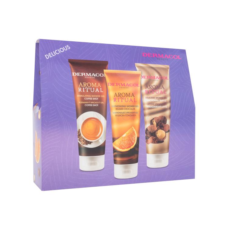 Dermacol Aroma Ritual Darčeková kazeta sprchovací gél Belgian Chocolate 250 ml + sprchovací gél Coffee Shot 250 ml + sprchovací gél Macadamia Truffle 250 ml poškodená krabička