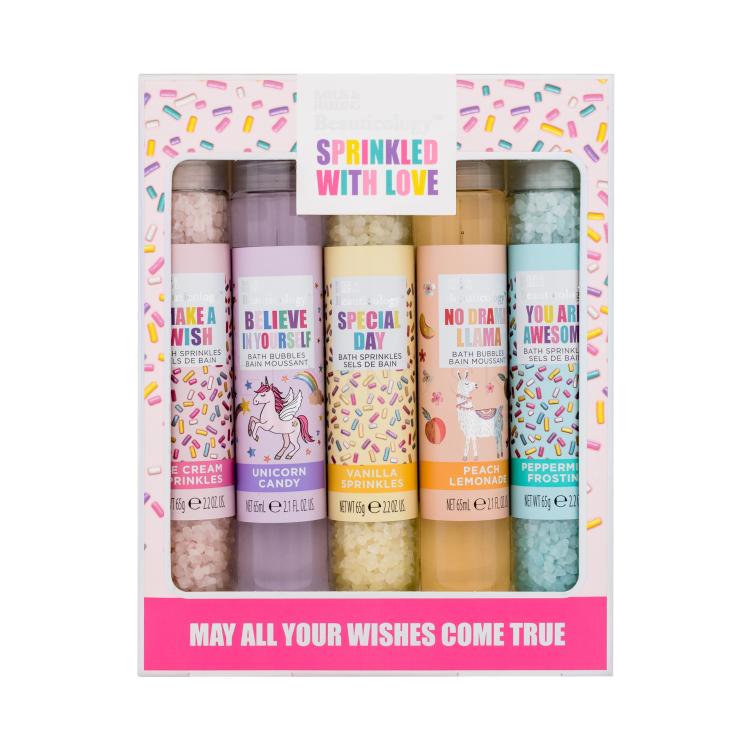 Baylis &amp; Harding Beauticology™ Sprinkled With Love Darčeková kazeta soľ do kúpeľa Beauticology Ice Cream Sprinkles 65 g + soľ do kúpeľa Beauticology Vanilla Sprinkles 65 g + soľ do kúpeľa Beauticology Peppermint Frosting 65 g + pena do kúpeľa Beauticology Unicorn Candy 65 ml + pena do kúpeľa Beautic