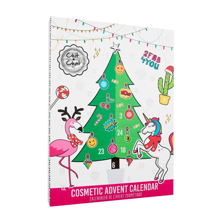 Technic Chit Chat Cosmetic Advent Calendar Darčeková kazeta lak na nechty 2 ks + očné tiene 2 ks + ceruzka na pery 3 ks + lesk na pery 3 ks + rúž 1 ks + balzam na pery 2 ks + ozdoby na nechty + gumička do vlasov 1 ks + oddeľovač prstov 1 ks + samolepky na nechty + strúhadlo 1 ks + pilník 1 ks + štip