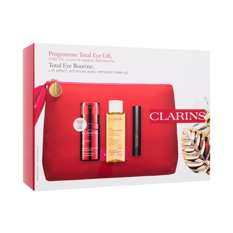 Clarins Total Eye Lift Routine Darčeková kazeta očný krém Total Eye Lift 15 ml + špirála Wonder Perfect Mascara 4D 3 ml 01 Perfect Black + odličovač tváre Total Cleansing Oil 50 ml + kozmetická taštička