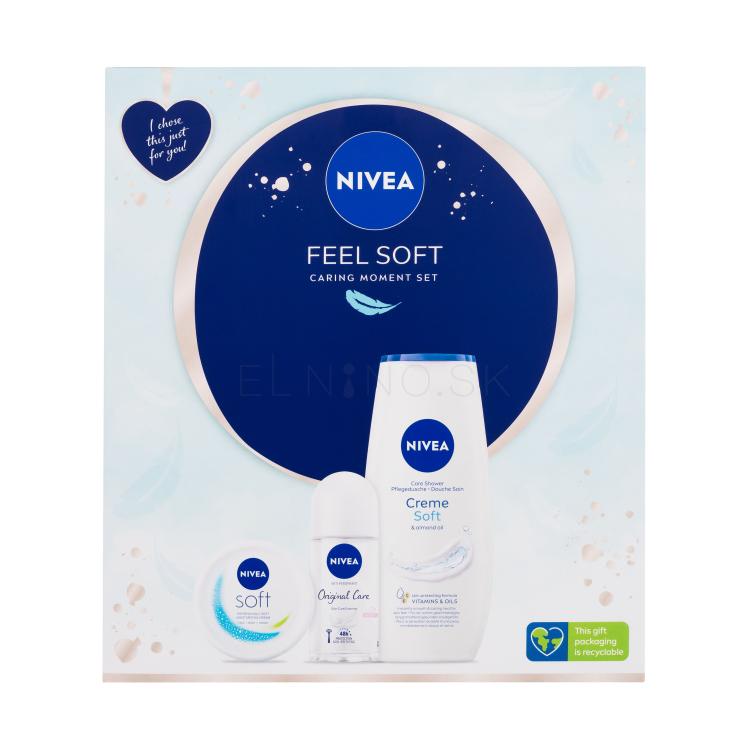 Nivea Feel Soft Darčeková kazeta sprchovací gél Creme Soft 250 ml + antiperspirant roll-on Original Natural 50 ml + hydratačný krém Soft 100 ml