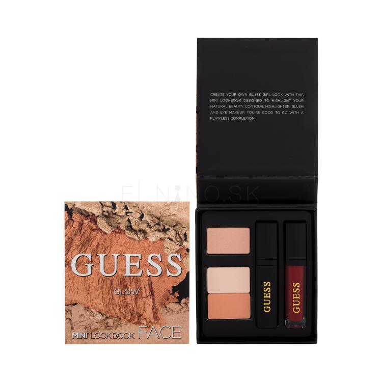 GUESS Look Book Mini Face Darčeková kazeta lícenka 2 x 2 g + rozjasňovač 2 g + lesk na pery 4 ml + špirála Volumizing Mascara 4 ml Black