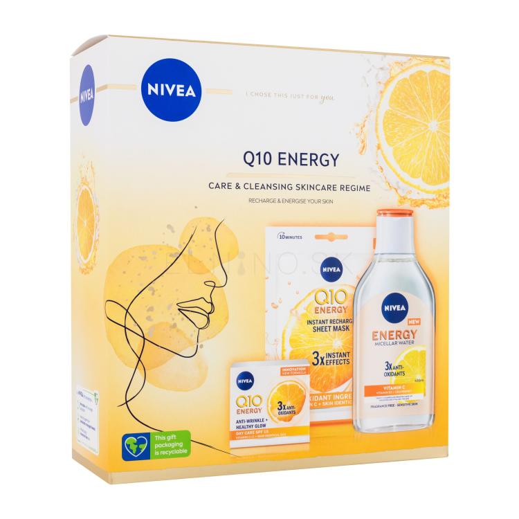 Nivea Q10 Energy Gift Set Darčeková kazeta denný pleťový krém Q10 Energy 50 ml + micelárna voda Q10 Energy 400 ml + pleťová textilná maska Q10 Energy 1 ks poškodená krabička