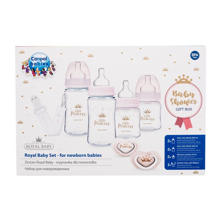 Canpol babies Royal Baby Set Little Princess Darčeková kazeta dojčenská fľaša EasyStart Anti-Colic 2 x 240 ml + dojčenská fľaša EasyStart Anti-Colic 2 x 120 ml + cumlík Light Touch Royal Baby Soother 2 x 0-6m + stužka na cumlík Royal Baby Soother Clip With Ribbon 1 ks