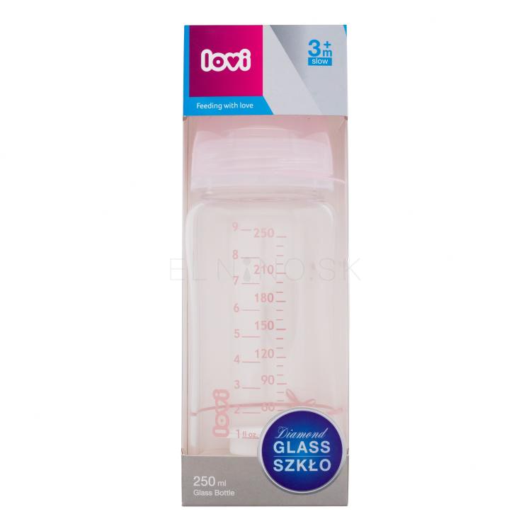 LOVI Baby Shower Glass Bottle Pink 3m+ Dojčenská fľaša pre deti 250 ml