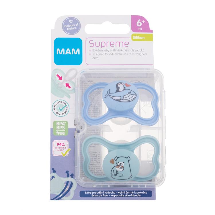 MAM Supreme Silicone Pacifier 6m+ Blue &amp; Turquoise Cumlík pre deti 2 ks