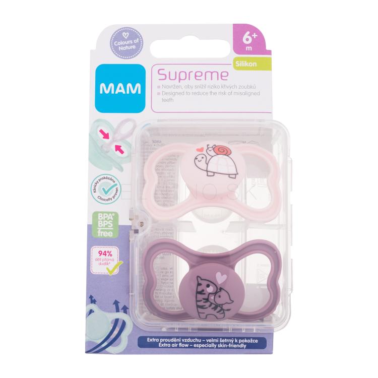 MAM Supreme Silicone Pacifier 6m+ Pink &amp; Violet Cumlík pre deti 2 ks