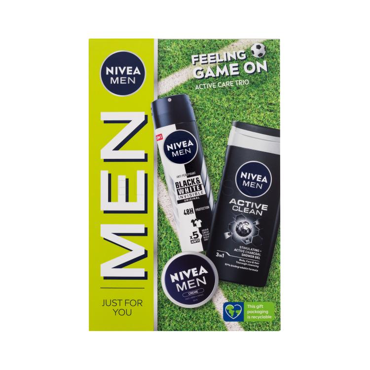 Nivea Men Feeling Game On Darčeková kazeta sprchovací gél Men Active Clean 250 ml + antiperspirant Men Black &amp; White Invisible Original 150 ml + univerzálny krém Men Creme 30 ml