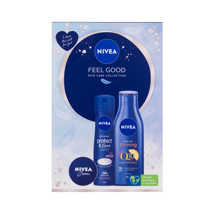 Nivea Feel Good Darčeková kazeta telové mlieko Body Milk Firming Q10 250 ml + antiperspirant Protect &amp; Care 150 ml + univerzálny krém 30 ml