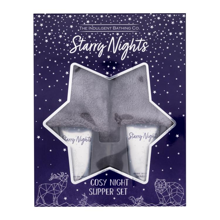 The Indulgent Bathing Co. Starry Nights Cosy Night Slipper Set Darčeková kazeta telové mlieko Lavender And Lime Flower Body Lotion 100 ml + sprchovací krém Lavender And Lime Flower Shower Cream 100 ml + plyšové šľapky Luxury Fluffy Slippers M/L 1 pár