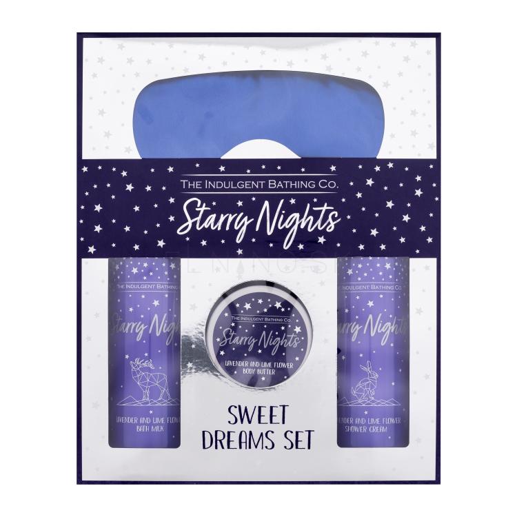 The Indulgent Bathing Co. Starry Nights Sweet Dreams Set Darčeková kazeta sprchovací krém Lavender And Lime Flower Shower Cream 300 ml + mlieko do kúpeľa Lavender And Lime Flower Bath Milk 300 ml + telové maslo Lavender And Lime Flower Body Butter 100 ml + maska na spanie Satin Sleep Mask 1 ks