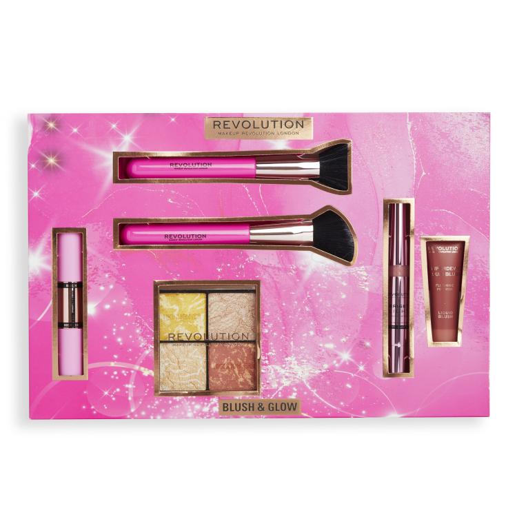 Makeup Revolution London Blush &amp; Glow Gift Set Darčeková kazeta rozjasňujúca paletka Highlighter Quad 9,6 g Make It Count + rozjasňovač Bright Light Highlighter 3 ml Divine Dark Pink + kozmetický štetec 2 ks + lícenka Superdewy Liquid Blush 15 ml Flushing For You + lícenka a rozjasňovač Fast Base Bl