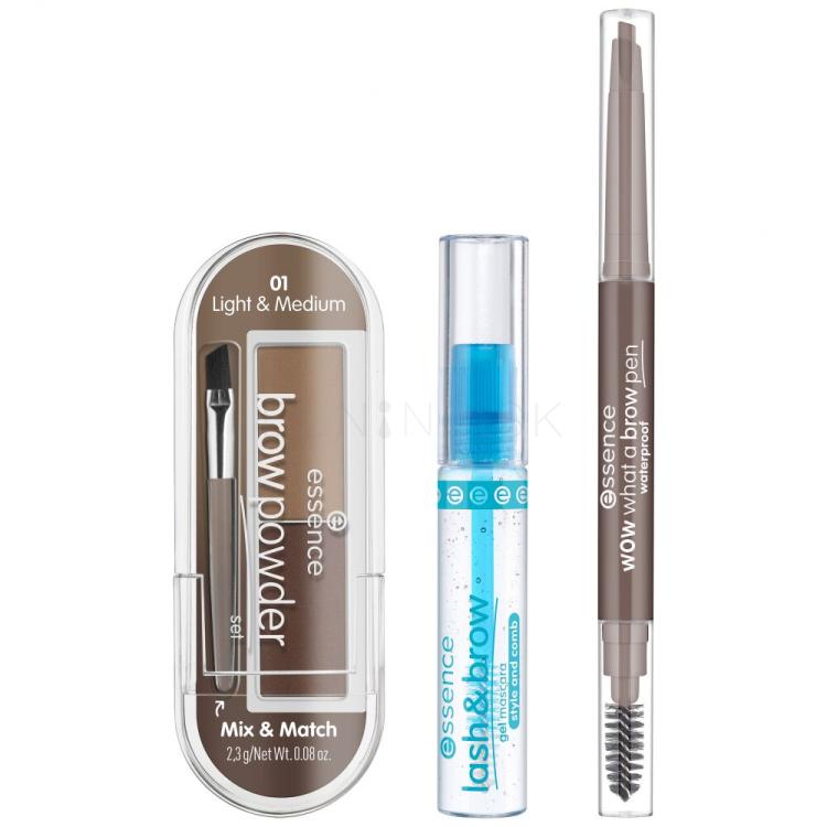 Essence Easy &amp; Wow Brow Set Darčeková kazeta ceruzka na obočie What A Brow Pen Waterproof 0,2 g 01 Light Brown + gélová špirála na obočie Lash &amp; Brow Gél Mascara 9 ml + púder na obočie Brow Powder 2,3 g 01 Light &amp; Medium