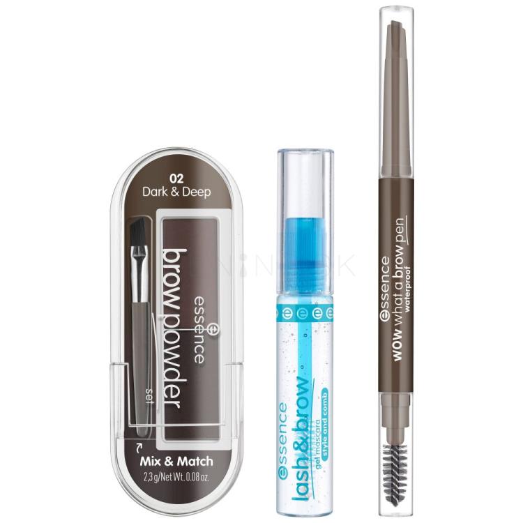 Essence Easy &amp; Wow Brow Set Darčeková kazeta ceruzka na obočie What A Brow Pen Waterproof 0,2 g 03 Dark Brown + gélová špirála na obočie Lash &amp; Brow Gél Mascara 9 ml + púder na obočie Brow Powder 2,3 g 02 Dark &amp; Deep