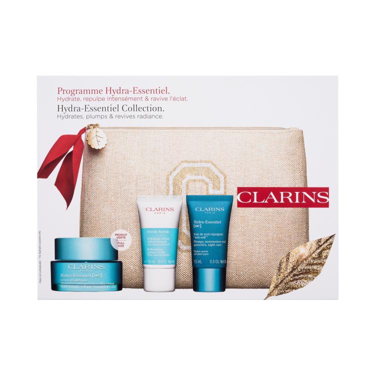 Clarins Hydra-Essentiel [HA²] Collection Darčeková kazeta pleťový krém Hydra-Essentiel [HA2] Silky Cream 50 ml + pleťový peeling Fresh Scrub 15 ml + nočný krém Hydra-Essentiel [HA2] Night Care 15 ml + ekologická kozmetická taštička