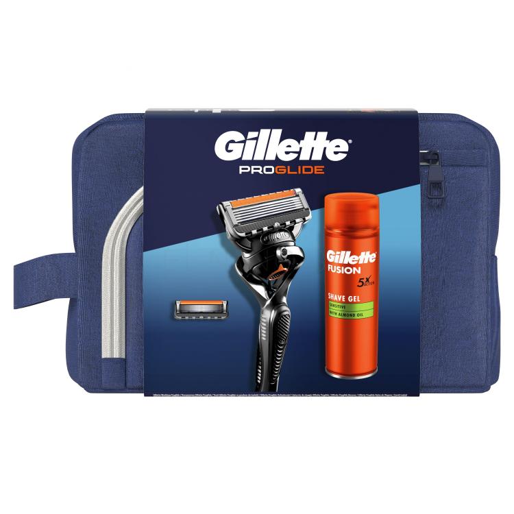 Gillette ProGlide Darčeková kazeta holiaci strojček Proglide 1 ks + náhradná hlavica Proglide 1 ks + gél na holenie Fusion Shave Gél Sensitive 200 ml + kozmetická taštička