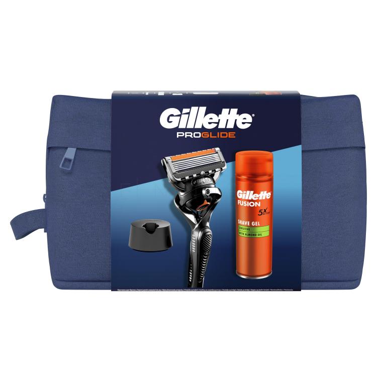 Gillette ProGlide Darčeková kazeta holiaci strojček ProGlide 1 ks + gél na holenie Fusion Shave Gél Sensitive 200 ml + držiak na holiaci strojček + kozmetická taštička