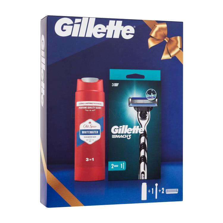 Gillette Mach3 Darčeková kazeta holiaci strojček 1 ks + náhradná hlavica 1 ks + sprchovací gél a šampón Old Spice Whitewater 3in1 250 ml