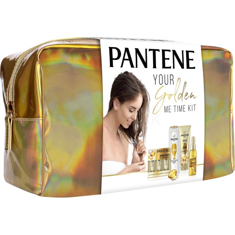 Pantene PRO-V Your Golden Me Time Kit Darčeková kazeta šampón Intensive Repair 250 ml + kondicionér Intensive Repair 200 ml + olej na vlasy Keratín Protect Oil 100 ml + intenzívna starostlivosť na vlasy Serum Shots Intensive Repair 3x15 ml + kozmetická taštička