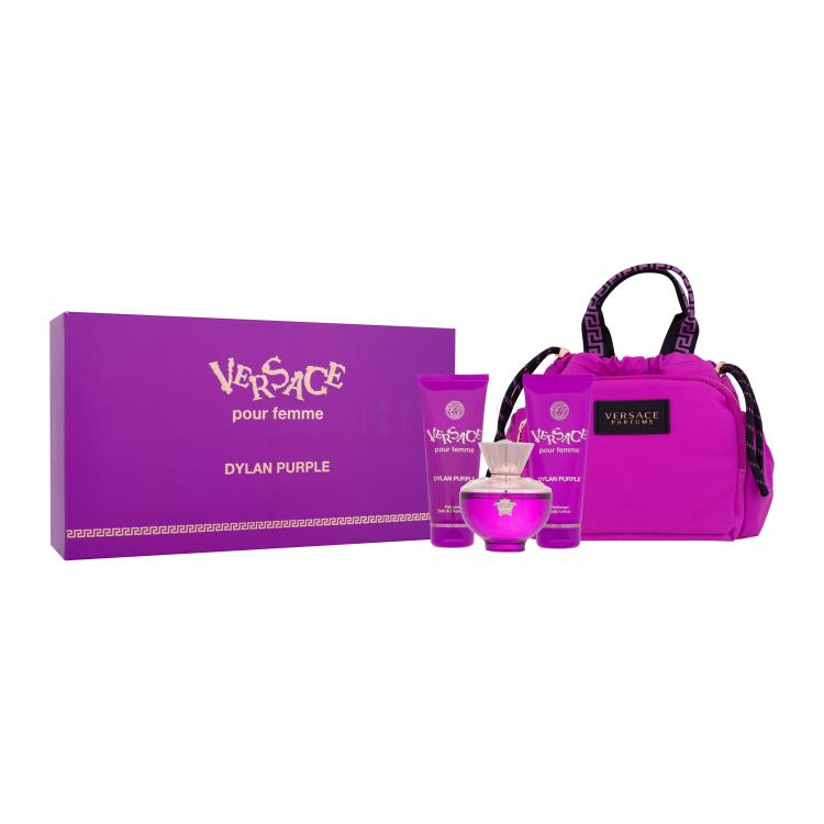 Versace Pour Femme Dylan Purple Darčeková kazeta parfumovaná voda 100 ml + sprchovací gél 100 ml + telové mlieko 100 ml + kabelka