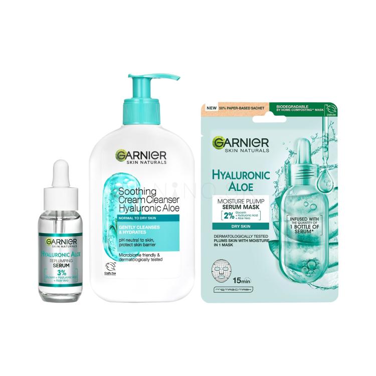 Set Pleťové sérum Garnier Skin Naturals Hyaluronic Aloe Replumping Super Serum + Pleťová maska Garnier Skin Naturals Hyaluronic Aloe Serum Tissue Mask + Čistiaci krém Garnier Skin Naturals Hyaluronic Aloe Soothing Cream Cleanser