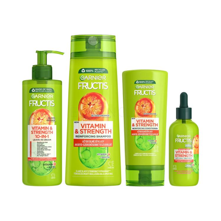 Set Šampón Garnier Fructis Vitamin &amp; Strength Reinforcing Shampoo + Kondicionér Garnier Fructis Vitamin &amp; Strength Reinforcing Conditioner + Sérum na vlasy Garnier Fructis Vitamin &amp; Strength Anti-Fall Treatment + Bezoplachová starostlivosť Garnier Fructis Vitamin &amp; Strength 10-IN-1 Leave-In-Cream