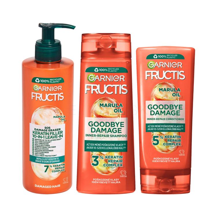 Set Šampón Garnier Fructis Goodbye Damage Repairing Shampoo + Kondicionér Garnier Fructis Goodbye Damage Repairing Conditioner + Sérum na vlasy Garnier Fructis SOS Repair 10 IN 1 All-In-One Leave-In