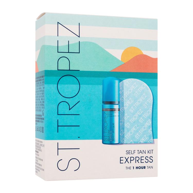 St.Tropez Self Tan Express Kit Darčeková kazeta samoopaľovacia pena Self Tan Express Bronzing Mousse 50 ml + rukavice na aplikáciu samoopaľovacích prípravkov 1 ks poškodená krabička