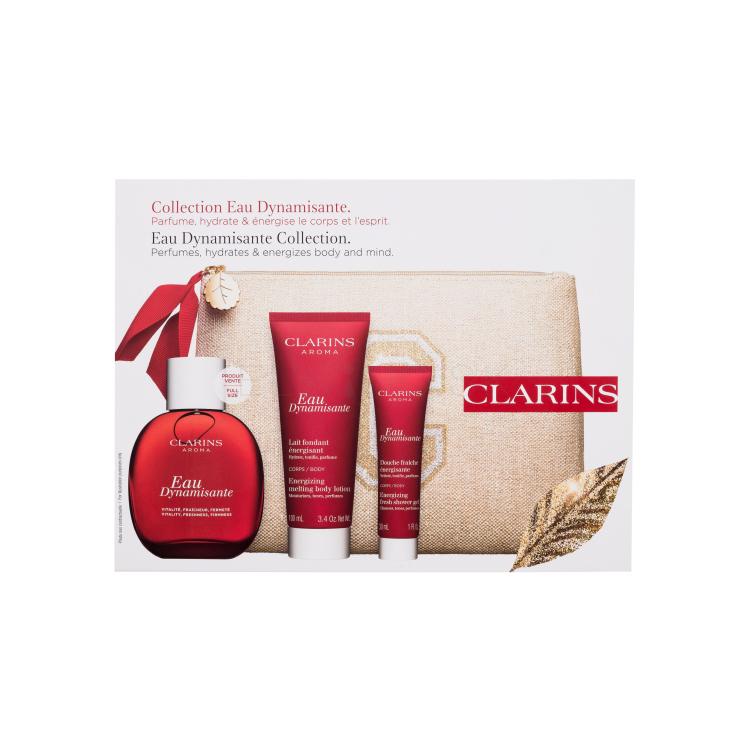 Clarins Eau Dynamisante Darčeková kazeta osviežujúca telová voda 100 ml + telové mlieko 100 ml + sprchovací gél 30 ml + kozmetická taštička