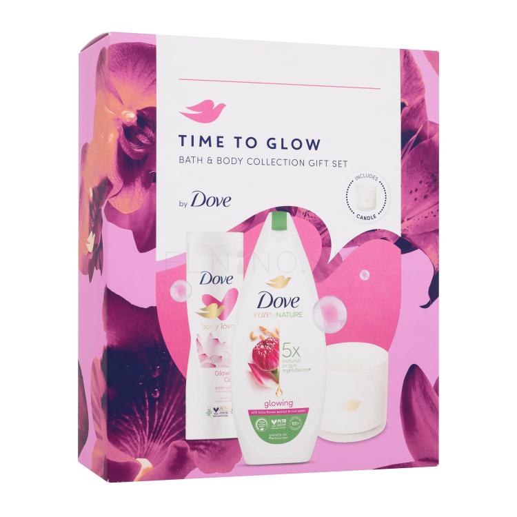 Dove Time To Glow Bath &amp; Body Collection Darčeková kazeta sprchovací gél Care By Nature Glowing 225 ml + telové mlieko Body Love Glowing Care 250 ml + vonná sviečka 1 ks