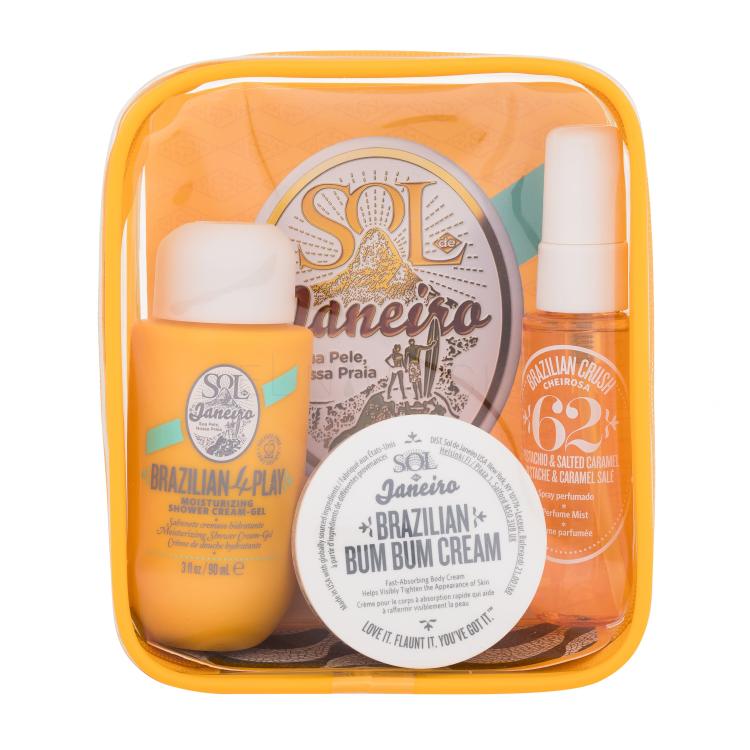 Sol De Janeiro Brazilian Bum Bum Summer Jet Set Darčeková kazeta telová hmla Brazilian Crush 30 ml + sprchovací krém Brazilian 4Play Moisturizing Shower Cream-Gel 90 ml + telový krém Brazilian Bum Bum Cream 50 ml + kozmetická taštička