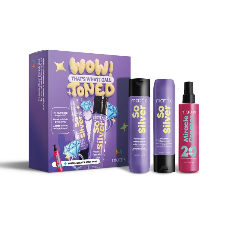 Matrix So Silver Darčeková kazeta šampón So Silver Purple Shampoo 300 ml + kondicionér So Silver Conditioner 300 ml + ošetrujúci sprej na vlasy Miracle Creator Multi-Tasking Treatment 190 ml